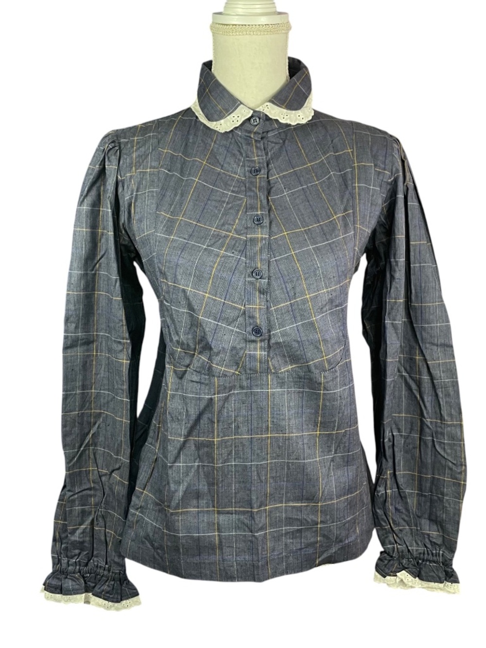 Victorian Lace-Trim Plaid Blouse L Navy Blue Balloon Sleeves Button-up Shirt